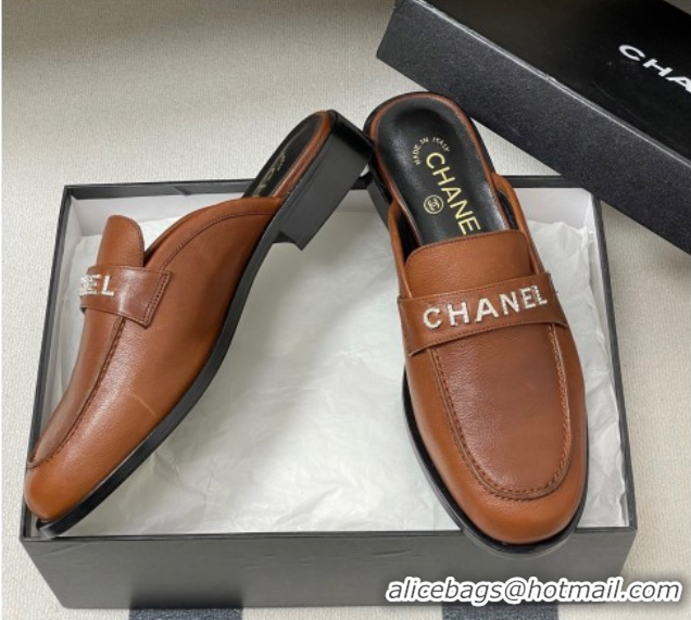 Duplicate Chanel Calfskin Leather Flat Mules with Letters Strap Brown2 2025 CH103102 1031103