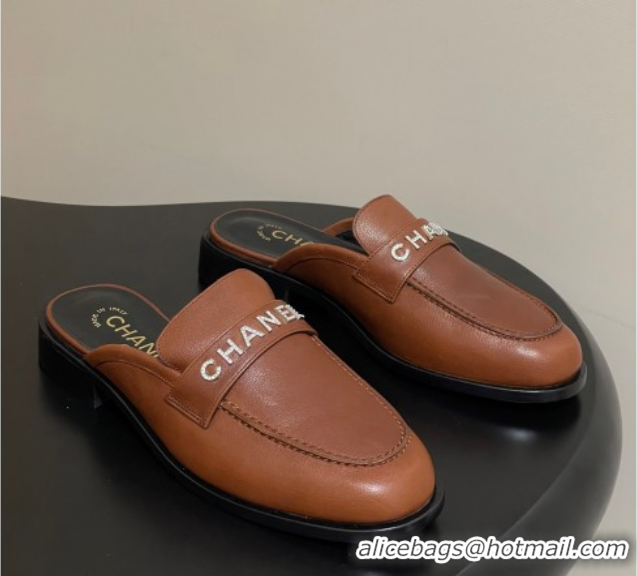 Duplicate Chanel Calfskin Leather Flat Mules with Letters Strap Brown2 2025 CH103102 1031103