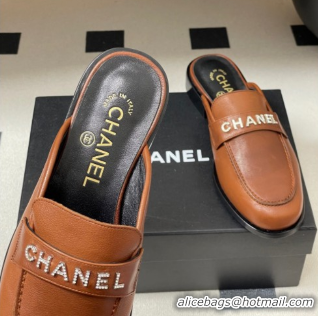 Duplicate Chanel Calfskin Leather Flat Mules with Letters Strap Brown2 2025 CH103102 1031103