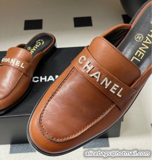 Duplicate Chanel Calfskin Leather Flat Mules with Letters Strap Brown2 2025 CH103102 1031103