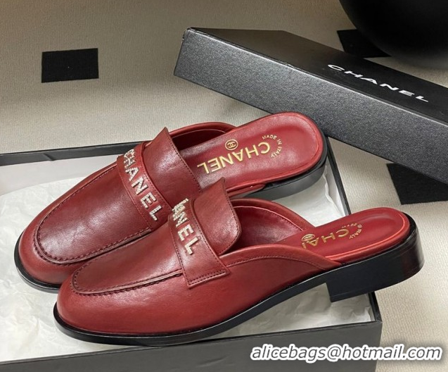 Good Quality Chanel Calfskin Leather Flat Mules with Letters Strap Red 2025 CH103102 1031104