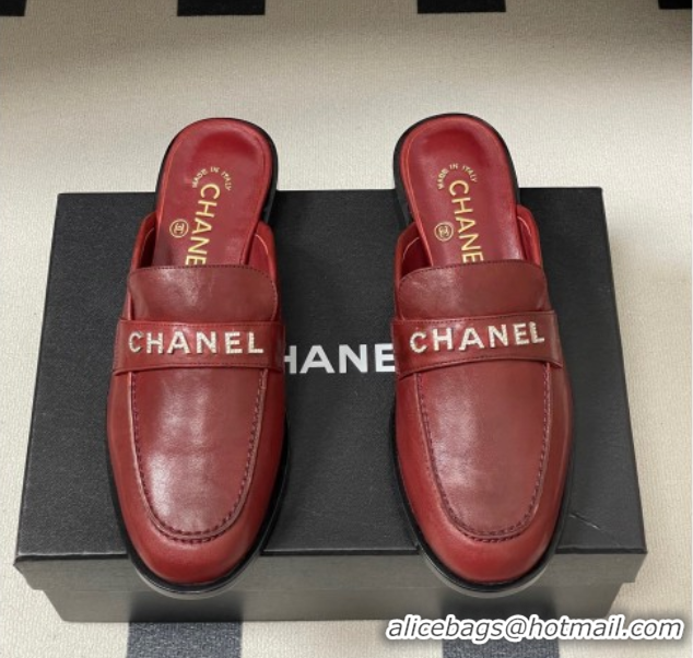 Good Quality Chanel Calfskin Leather Flat Mules with Letters Strap Red 2025 CH103102 1031104