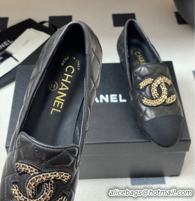 Sumptuous Chanel Lambskin Leather Flat Loafers with Chain CC Black 2025 CH103103 1031105