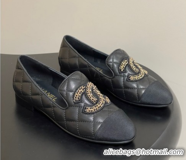 Sumptuous Chanel Lambskin Leather Flat Loafers with Chain CC Black 2025 CH103103 1031105