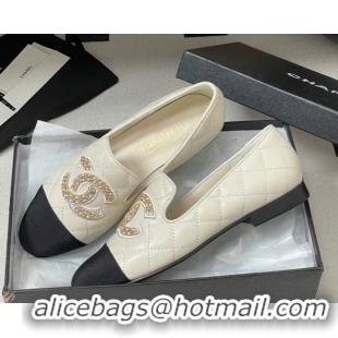 Pretty Style Chanel Lambskin Leather Flat Loafers with Chain CC White 2025 CH103103 1031106
