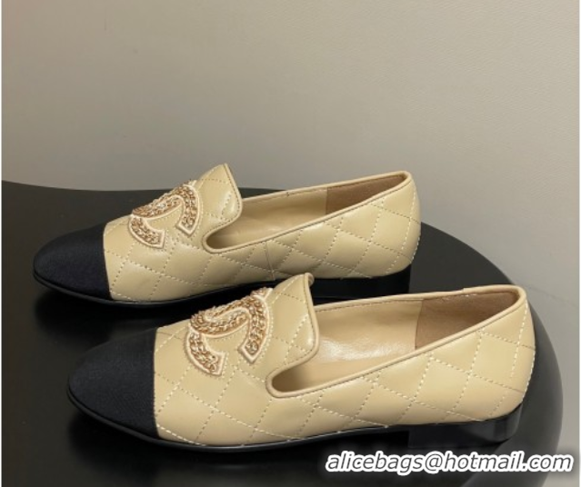 Best Product Chanel Lambskin Leather Flat Loafers with Chain CC Beige 2025 CH103103 1031107