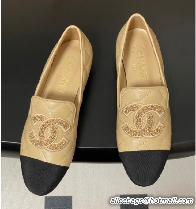Best Product Chanel Lambskin Leather Flat Loafers with Chain CC Beige 2025 CH103103 1031107