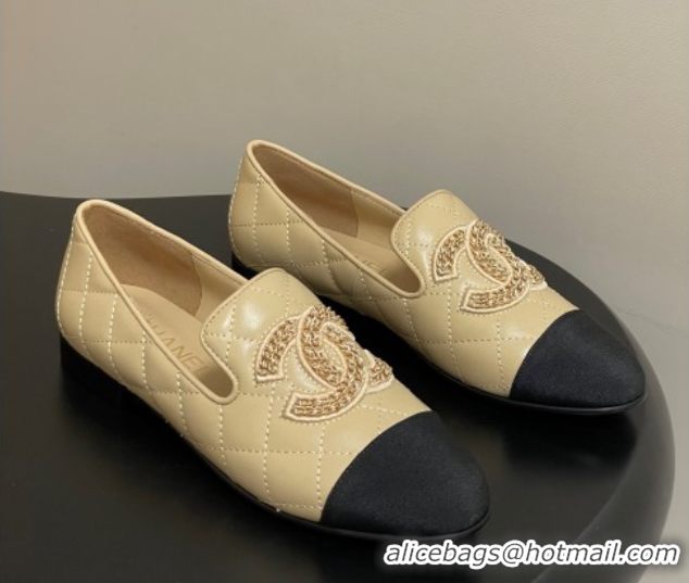 Best Product Chanel Lambskin Leather Flat Loafers with Chain CC Beige 2025 CH103103 1031107