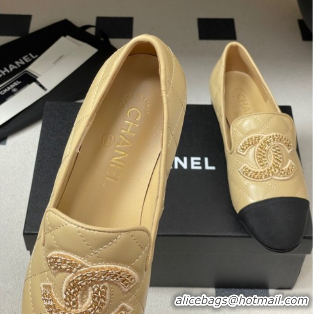 Best Product Chanel Lambskin Leather Flat Loafers with Chain CC Beige 2025 CH103103 1031107