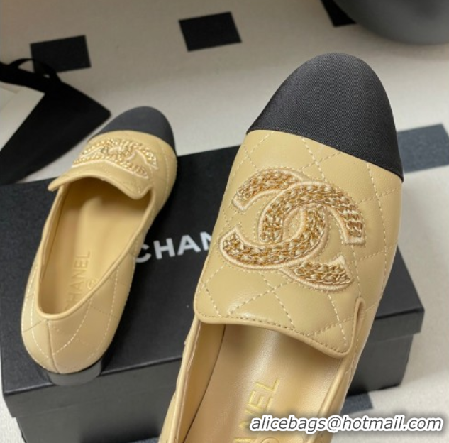 Best Product Chanel Lambskin Leather Flat Loafers with Chain CC Beige 2025 CH103103 1031107