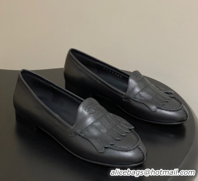 Hot Style Chanel Calfskin Leather Flat Loafers with Tassel Black 2025 CH103104 1031108