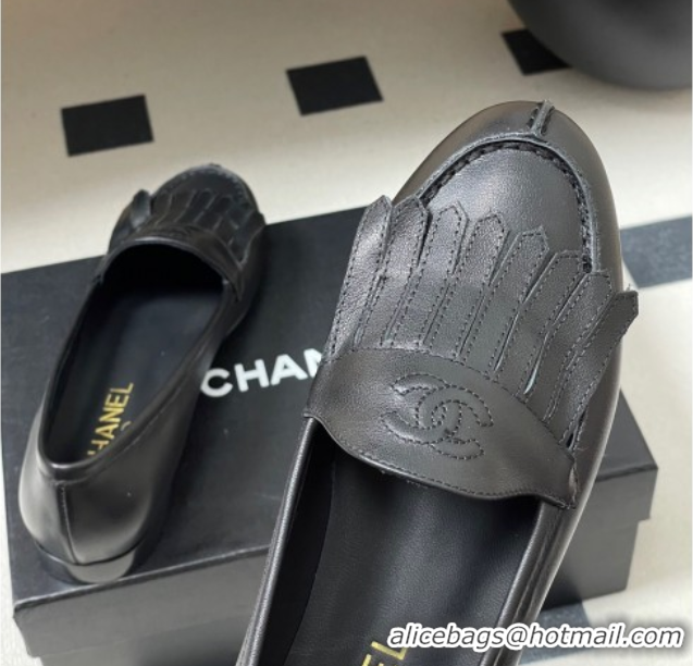 Hot Style Chanel Calfskin Leather Flat Loafers with Tassel Black 2025 CH103104 1031108