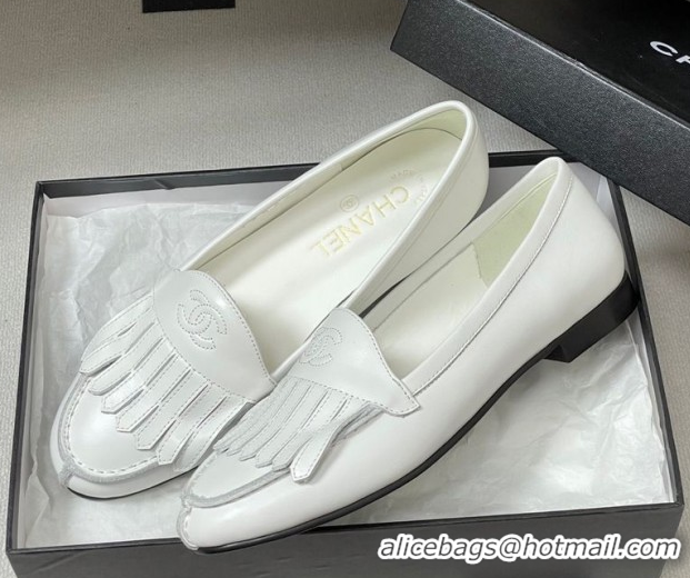Buy Luxury Chanel Calfskin Leather Flat Loafers with Tassel White 2025 CH103104 1031109