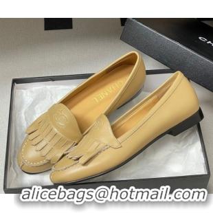 Top Grade Chanel Calfskin Leather Flat Loafers with Tassel Beige 2025 CH103104 1031110