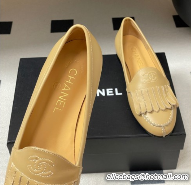 Top Grade Chanel Calfskin Leather Flat Loafers with Tassel Beige 2025 CH103104 1031110