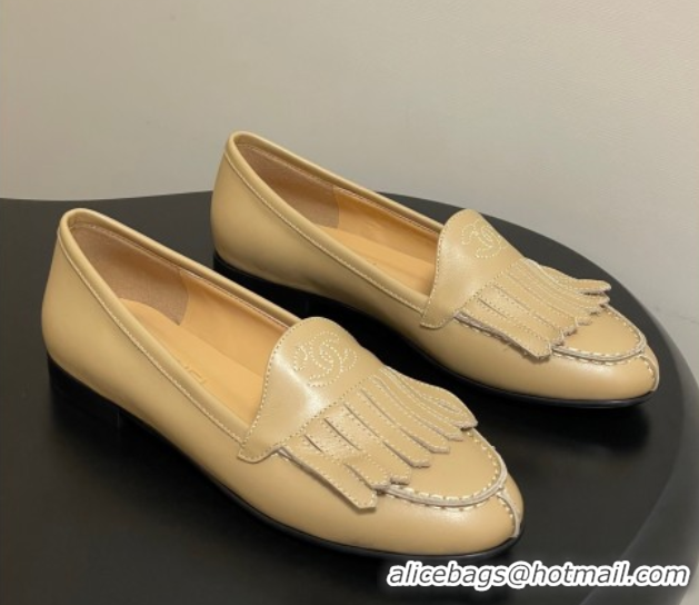 Top Grade Chanel Calfskin Leather Flat Loafers with Tassel Beige 2025 CH103104 1031110