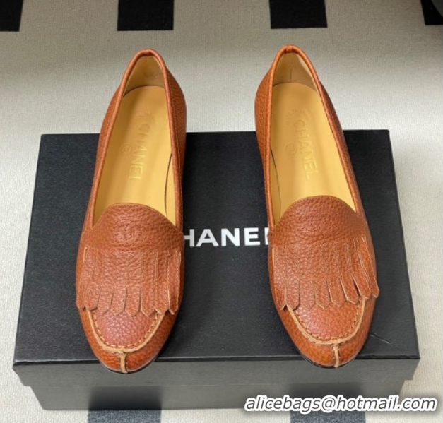 Unique Style Chanel Calfskin Leather Flat Loafers with Tassel Brown 2025 CH103104 1031111