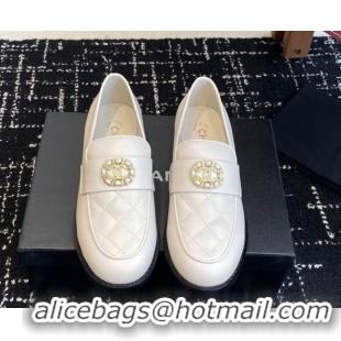 Best Price Chanel Calfskin Leather Flat Loafers with CC Circle White 2025 CH103105 1031112