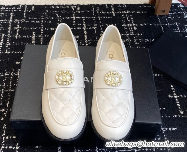 Best Price Chanel Calfskin Leather Flat Loafers with CC Circle White 2025 CH103105 1031112