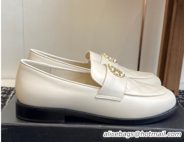 Best Price Chanel Calfskin Leather Flat Loafers with CC Circle White 2025 CH103105 1031112