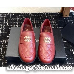 Good Looking Chanel Calfskin Leather Flat Loafers with CC Circle Red 2025 CH103105 1031113