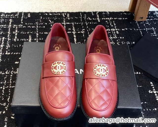 Good Looking Chanel Calfskin Leather Flat Loafers with CC Circle Red 2025 CH103105 1031113