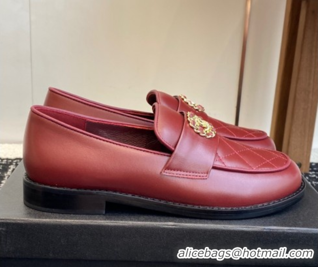 Good Looking Chanel Calfskin Leather Flat Loafers with CC Circle Red 2025 CH103105 1031113