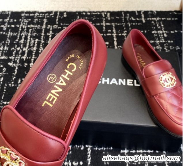 Good Looking Chanel Calfskin Leather Flat Loafers with CC Circle Red 2025 CH103105 1031113