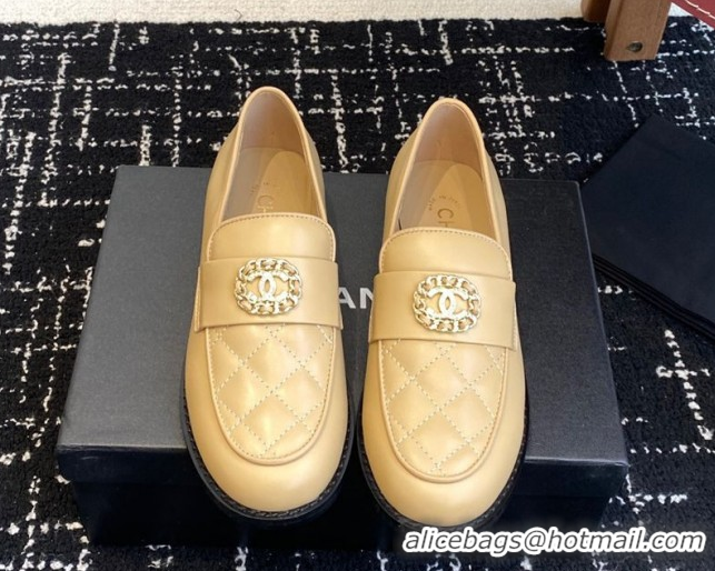Best Grade Chanel Calfskin Leather Flat Loafers with CC Circle Beige 2025 CH103105 1031114
