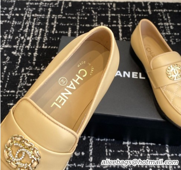 Best Grade Chanel Calfskin Leather Flat Loafers with CC Circle Beige 2025 CH103105 1031114