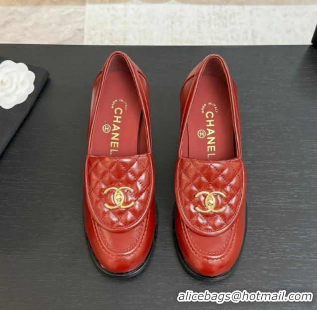Charming Chanel Shiny Lambskin Pumps with CC Foldover Red 2025 G46692 1031116
