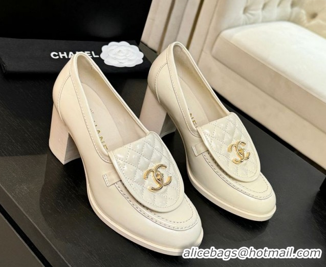 Good Quality Chanel Lambskin Leather Pumps with CC Foldover Ivory White 2025 G46692 1031119