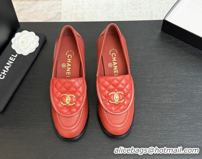 Good Quality Chanel Lambskin Leather Pumps with CC Foldover Red 2025 G46692 1031120