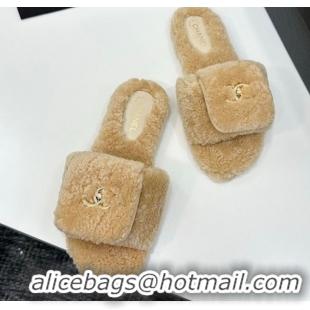 Pretty Style Chanel Shearling Wool Flat Slides Sandal with Foldover Beige 2025 CH103106 1031126