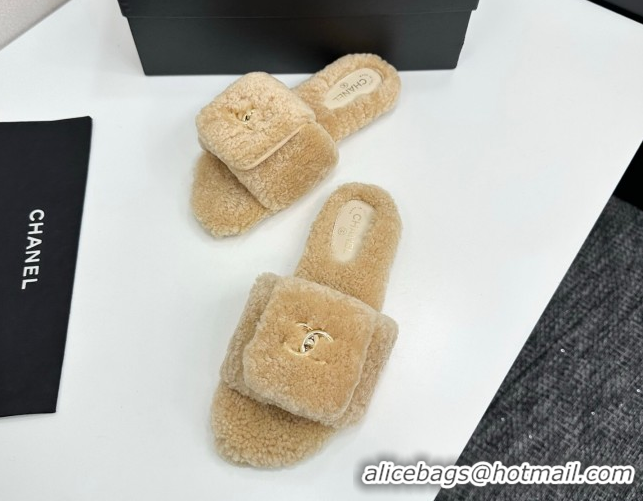 Pretty Style Chanel Shearling Wool Flat Slides Sandal with Foldover Beige 2025 CH103106 1031126