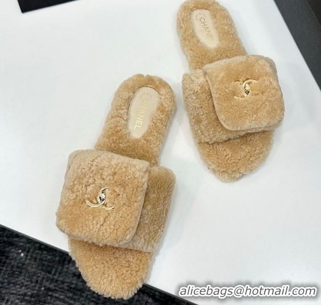 Pretty Style Chanel Shearling Wool Flat Slides Sandal with Foldover Beige 2025 CH103106 1031126