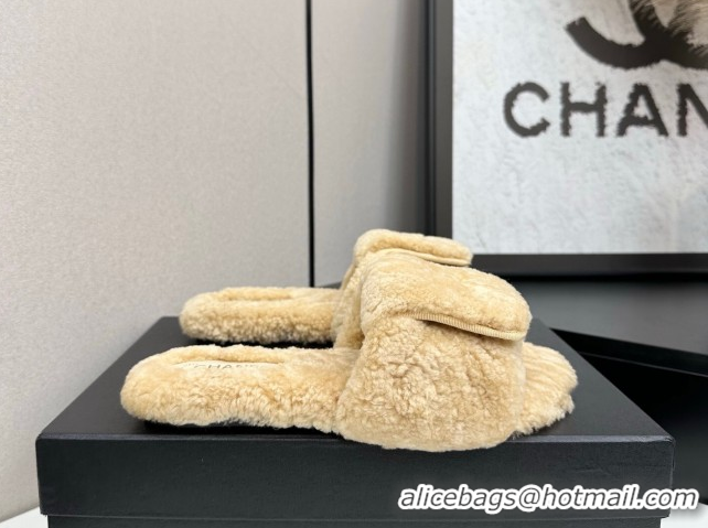 Pretty Style Chanel Shearling Wool Flat Slides Sandal with Foldover Beige 2025 CH103106 1031126