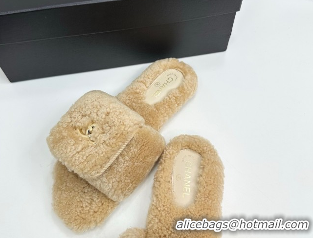 Pretty Style Chanel Shearling Wool Flat Slides Sandal with Foldover Beige 2025 CH103106 1031126