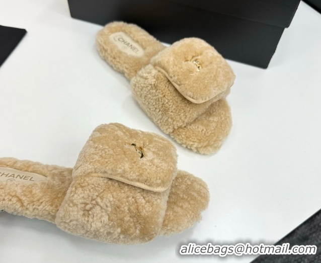 Pretty Style Chanel Shearling Wool Flat Slides Sandal with Foldover Beige 2025 CH103106 1031126