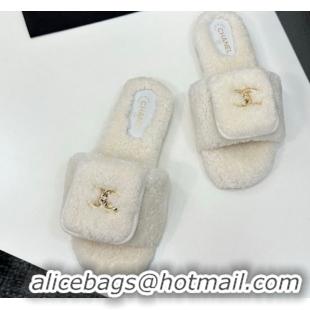Durable Chanel Shearling Wool Flat Slides Sandal with Foldover White 2025 CH103106 1031127