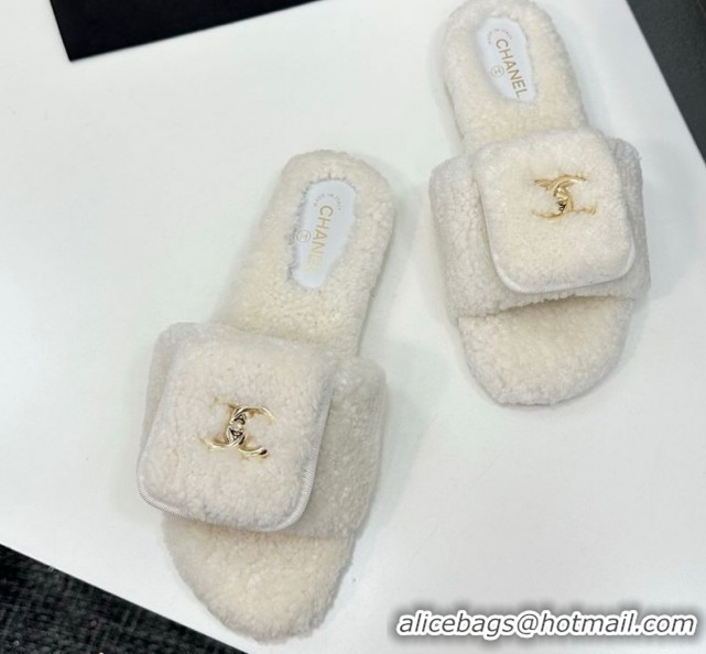Durable Chanel Shearling Wool Flat Slides Sandal with Foldover White 2025 CH103106 1031127