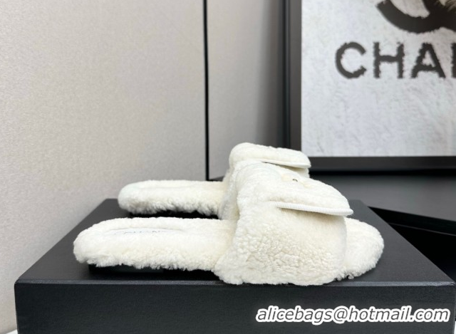 Durable Chanel Shearling Wool Flat Slides Sandal with Foldover White 2025 CH103106 1031127