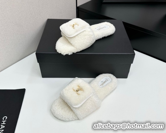 Durable Chanel Shearling Wool Flat Slides Sandal with Foldover White 2025 CH103106 1031127
