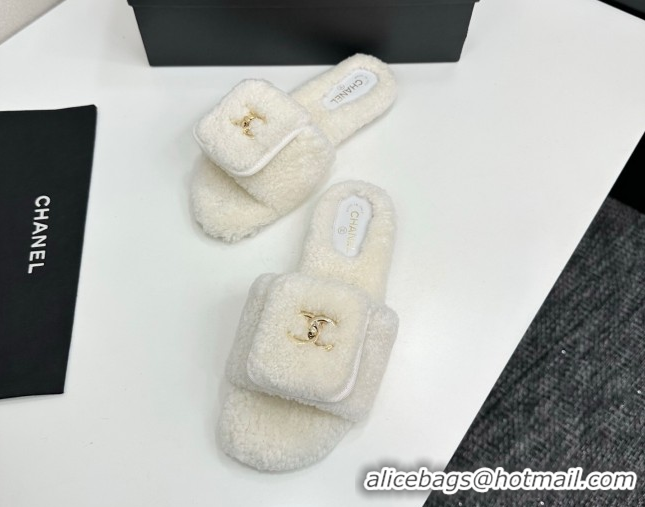 Durable Chanel Shearling Wool Flat Slides Sandal with Foldover White 2025 CH103106 1031127