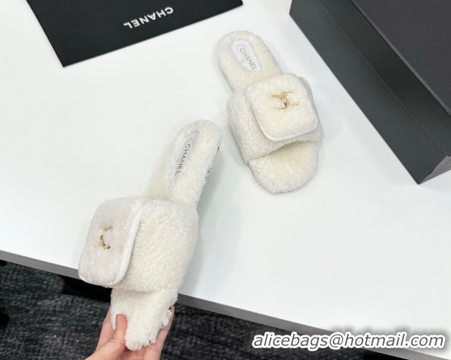 Durable Chanel Shearling Wool Flat Slides Sandal with Foldover White 2025 CH103106 1031127