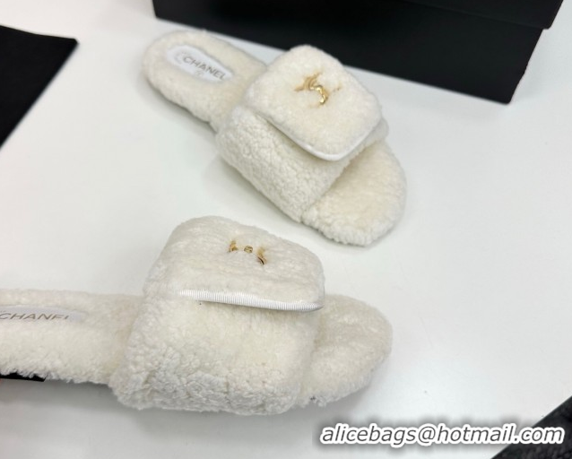 Durable Chanel Shearling Wool Flat Slides Sandal with Foldover White 2025 CH103106 1031127