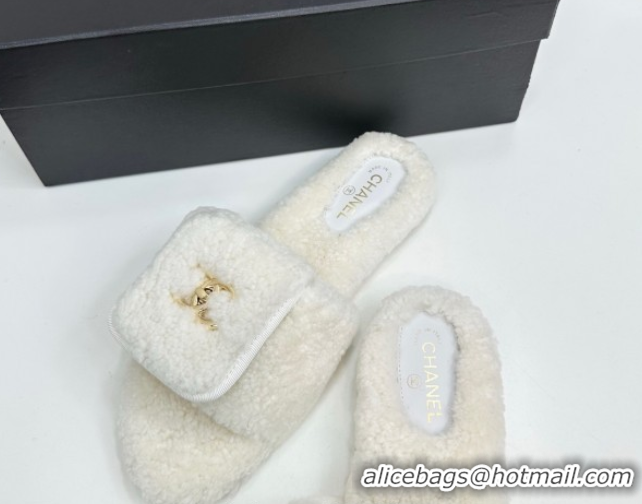 Durable Chanel Shearling Wool Flat Slides Sandal with Foldover White 2025 CH103106 1031127