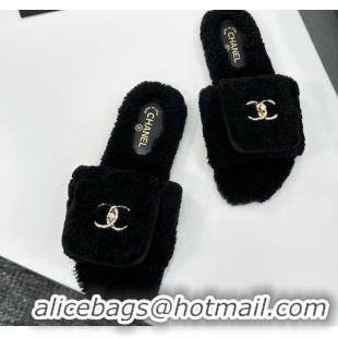 Perfect Chanel Shearling Wool Flat Slides Sandal with Foldover Black 2025 CH103106 1031128