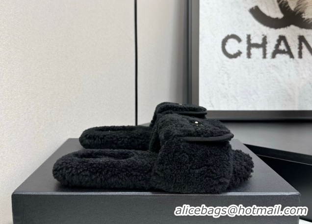 Perfect Chanel Shearling Wool Flat Slides Sandal with Foldover Black 2025 CH103106 1031128