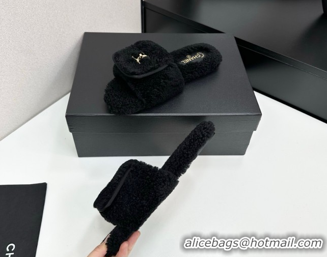 Perfect Chanel Shearling Wool Flat Slides Sandal with Foldover Black 2025 CH103106 1031128